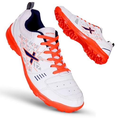 Vector X Blaster-22 Yards Cricket Shoes for Men's | Size-4 | Walking | Casual | for Men and Adult | Lace-up | White-Orange |