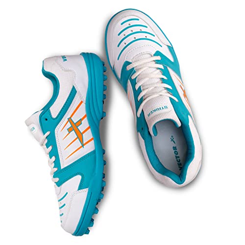Vector X Striker Cricket Shoes Synthetic Leather Upper/PVC Sole Studs for Men Lace up Closure| Lightweight & Durable Footwear| Ideal for Turf, Ground & Hard Surfaces (White-Sea Green, Size: 8)