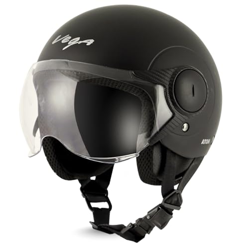 Vega Atom ISI Certified Smooth Matt Finish Open Face Helmet for Men and Women with Clear Visor(Dull Black, Size:M)