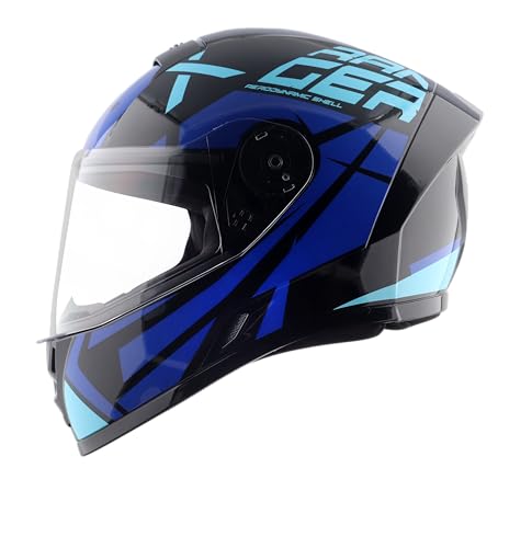 Vega Ranger DX Revenge Full Face Motorcycle Helmet with Lightweight Shell, Shock Absorbing Interior, Comfortable Liner, Ventilated Fit, Aerodynamic Build, and Trendy Black Blue Finish Black Blue-M