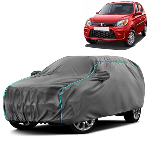 VOICO Water-Resistant Dustproof Car Cover for Maruti Alto 800 VXI - Mirror Pocket, UV Protection, Scratch Guard, Buckle Belt, Front & Back Bottom Elastic with Aqua Blue Piping - Grey