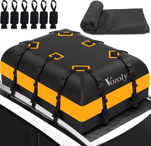 Voroly 21 Cubic feet Car Roof Bag Rooftop top Cargo Carrier Bag Waterproof for All Cars with/Without Rack, Includes Anti-Slip Mat, 10 Reinforced Straps, 6 Door Hooks (21 Cubic)