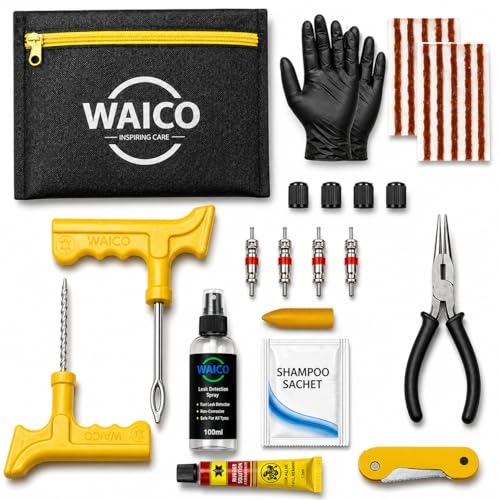 WAICO 13 in 1 Tubeless Tyre Puncture Kit | Reamer, Probe,10-Rubber Strips, Gloves, Plier, Knife, Sloution, Chalk, Spray Bottle, Storage Bag, | Emergency Flat Tire Repair Tools for Car, Bike, & SUVs