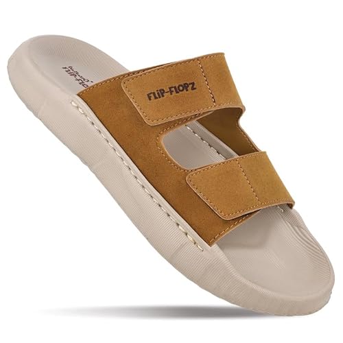 WALKAROO Men’s Soft EVA Sandals with Velcro Adjustable Strap, Cushioned Footbed, Lightweight Slip-On Open Toe Design, Anti-Skid Sole for Daily Casual Wear, WE8821 Greige Tan