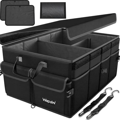 WapaW Collapsible Car Trunk Organizer Bag | Heavy Duty Polyester Storage Bag with Multiple Compartments | Foldable Car Boot Organizer for SUV, Sedan & Hatchback (55 x 41 x 25cm) (Trunk Organizer)