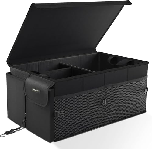 WapaW Polyester Automobiles Car Trunk Organizer Bag with Lid Large Size Multi Compartment Car Organizer (55 x 41 x 25cm) Foldable SUV Car Storage Bag with Support Strap (60L - Large) Black
