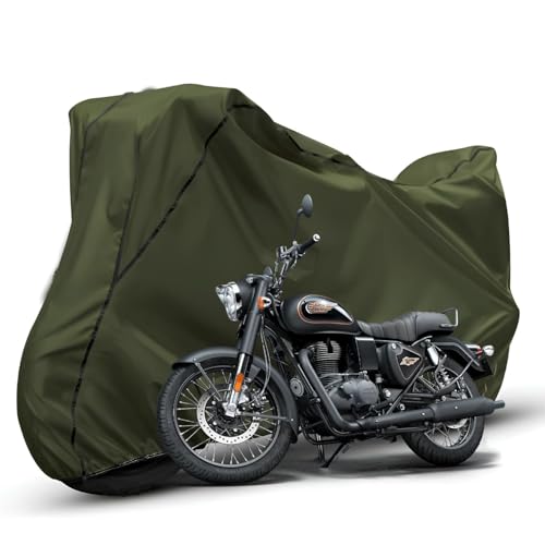 Waterproof Bike Body Cover Compatible with RE Bullet Dustproof Scratchproof - Motorcycle Cover for Two Wheeler, Outdoor Full Cover with UV, Duty, Rain Protection (Olive with Black)
