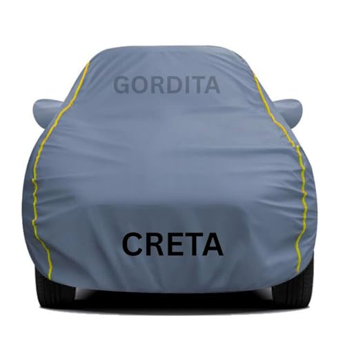 Waterproof Car Body Cover for Creta All Weather Protection Comes with Inner Cotton Lining & Triple Stitched with Mirror & Antenna Pocket Belt & Elastic Fit Grey with Yellow Piping2