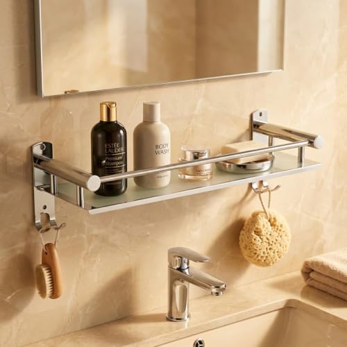 Well Set Stainless Steel Double Layer Bathroom Shelf | Wall Mounted Rack with Towel Bar & Hooks