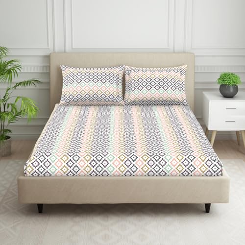 Welspun 120 TC Cotton Blend Bedsheet for Double Bed with 2 Pillow Cover | Skin Safe & Super Soft King Size Bed Sheet | (274 X 274 CM) - Geometric Pink | Harmony