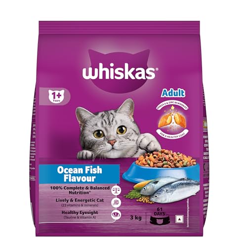 Whiskas Adult (1+ Years) Dry Cat Food, Ocean Fish Flavour, 3 kg, Contains 41 Essential Nutrients, Complete & Balanced Nutrition for Adult Cats