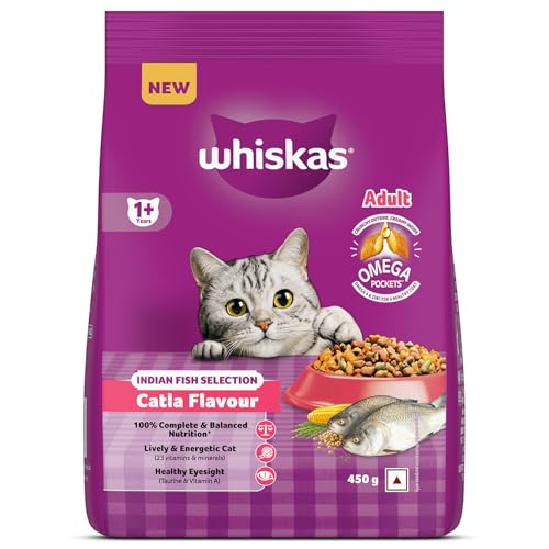 Whiskas Adult (1+ Years) Dry Cat Food, Catla Fish Flavour, 450 g, Powered with 40 Essential Nutrients, Complete & Balanced Nutrition for Adult Cats