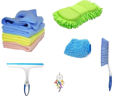 Winberg ® Car Cleaning Combo Pack Microfiber Towel 3 pcs 1 Carpet Brush 1 Washing Scurb Microfibre Gloves full Interior and Exterior Cleaning Kit - CarCLNG06