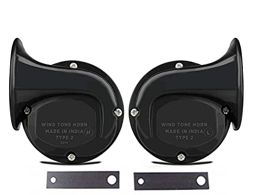 Wind Tone Horn Type 2, Black Motorcycle Horn Set, Made in India, Universal Fit with Mounting Brackets,