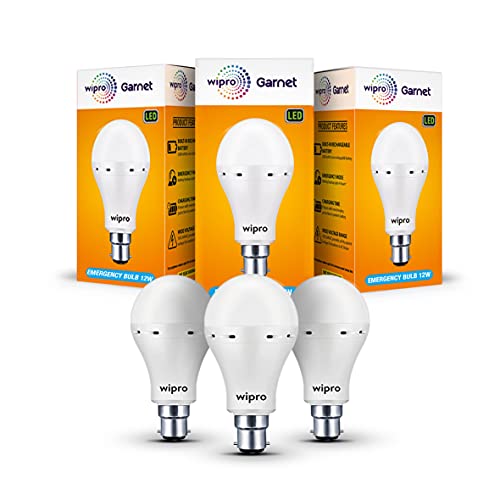wipro Garnet 12w LED Emergency Bulb | Cool Day White (6500K) | B22 LED Bulb Base | Inverter Bulb for home, with 4 Hours battery back up| Li-ion Battery | Over charging Protection | Pack of 3