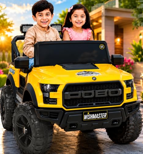 Wishmaster Driving 4 Motor EV Cars for 1, 2, 3, 4, 5, 6 Years | Remote + Steering + Mobile App Control | Kids Jeeps (Medium Size F-Raptor [1-8 Year Kids], Yellow)