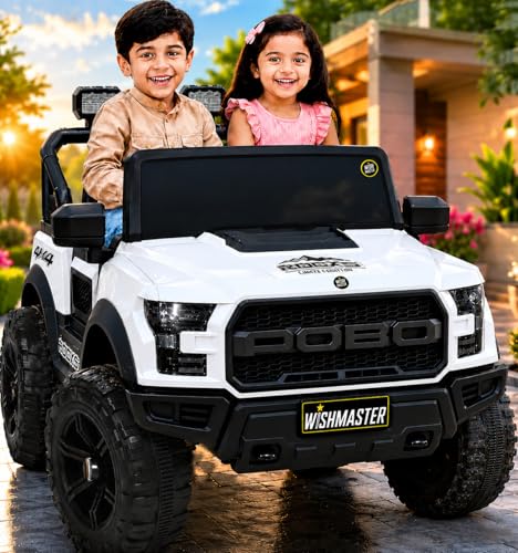 Wishmaster Driving 4 Motors with Bluetooth EV Jeeps for 1, 2, 3, 4, 5, 6 Years | Remote + Steering + Mobile App Control | Kids Car | Birthday Gift