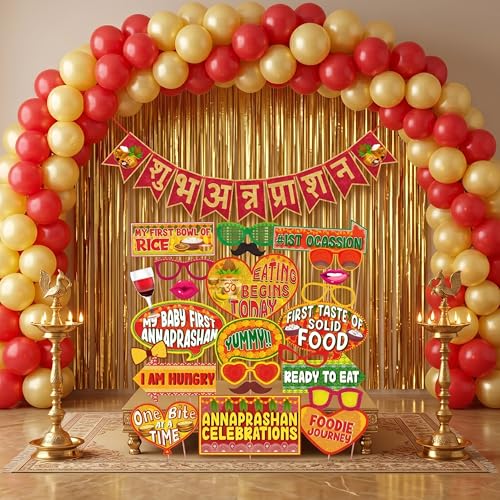 Wobbox Annaprashan Decoration Kit for Baby Complete Rice Ceremony Backdrop Setup with Banners, Balloons & Photo Props First Solid Food Party Supplies Easy Assembly Theme Decor (FP6476)