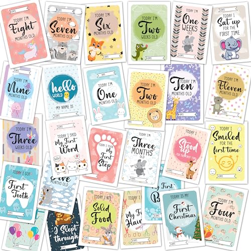 WOBBOX Baby Monthly Milestone Cards, Animal Different Pattern, Record 0-12 Months Growth Milestones Cards, Baby Shower Gift Scrapbook Photo Keepsake Monthly Age Markers Card - Set of 27 Pieces
