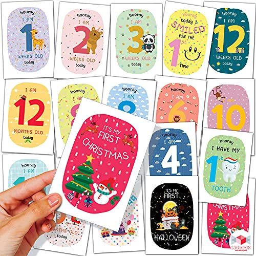 WOBBOX Baby Monthly Milestone Cards, Animal Pastel Colour, Record 0-12 Months Growth Milestones Cards, Baby Shower Gift Scrapbook Photo Keepsake Monthly Age Markers Card - Set of 18 Pieces