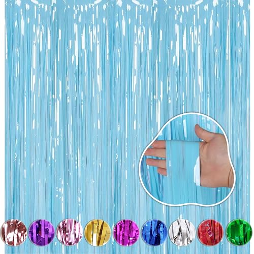 WOBBOX Big 3Ft X 6Ft Pastel Blue Color Foil Fringe Curtain Backdrop Door Window Curtain Party Decoration, Foil Curtain for Birthday Decoartion (Pack of 1)