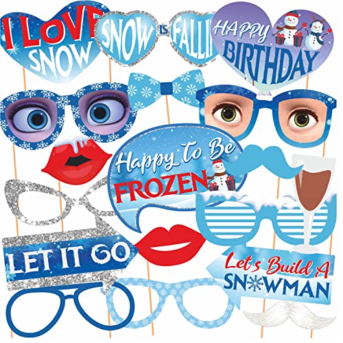 WOBBOX Happy Birthday Frozen Theme Photo Booth Party Props Blue Color, Birthday Party Deocration Items, Party Decoration Item (18 Pcs)