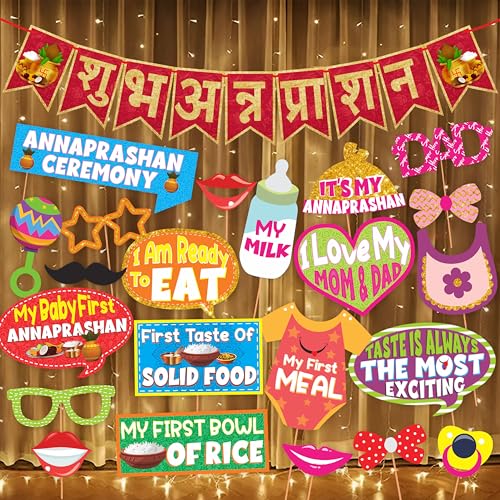 Wobbox Shubh Annaprashan Decoration Items Set which Includes Baby annaprashan Ceremony Props, Subh Annaprashan Banner, Rice Light Decoration, Rice Ceremony Decorations Items(27 Pcs Set)(FP5694)