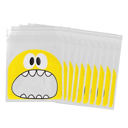 Wobbox Transparent Candy Bags - Birthday Party Return Gift Bags, Self-Adhesive Candy & Cookie Pouch for Kids, Guddy Pouch for Chocolate, Cake, Biscuit (100Pcs) (Yellow Monster)