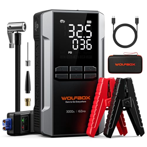 WOLFBOX 3000A Car Jump Starter with 160PSI Air Pump, 16000mAh Portable 12V Jump Starter for Car Battery (8L Gas 6L Diesel Engines), 65W Type-C Fast Charging, with Boost Mode, LED Light & Jumper Cables
