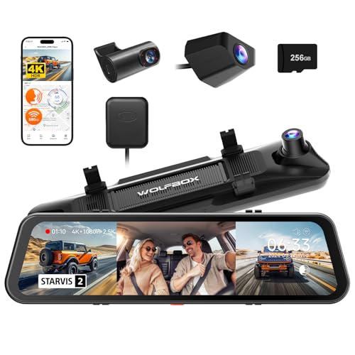 WOLFBOX G900 Tripro Cabin Version Dash Cam for Car, 3 Channel 4K Mirror Dashcam, 8MP STARVIS 2 IMX678, 4K Front+1080P Inside+2.5K Rear Car Dash Camera, 5.8GHz WiFi, Voice Control, 256GB Card Included