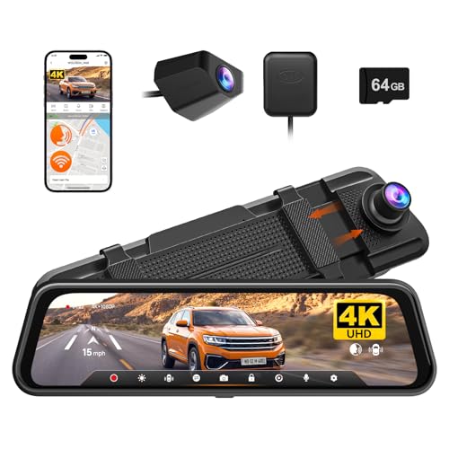 WOLFBOX M40 4K Rear View Mirror Dash Cam for Car, ADAS & Voice Control, Front 4K + Rear 1080P, Night View, 10” Touch Screen, GPS&WiFi, 64GB Card Included