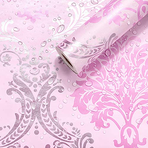 Wolpin Pink Damask DIY Self-Adhesive Wallpaper (45 x 500 CM, Pink) | Wall Sticker for Living Room, Hall, Bedroom, Home Interior Decoration | Botanical PVC Vinyl Decorative Wallpaper Roll