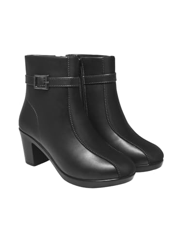 Women's Black Faux Leather Ankle Boots with Mid Heel and Buckle Strap || Side Zipper Comfort Booties for Fall & Winter EU38