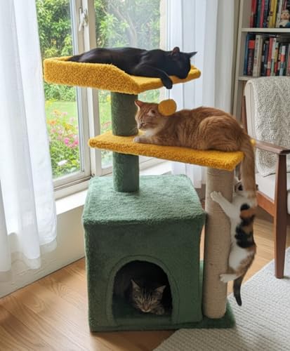Wudyhub Cat Tree Indoor Climbing Activity Tower with Scratching Posts | Cat-84-Green & Yellow | 40x30x74 cm