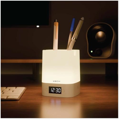Xech Digital Clock with Pen Stand, Ambient Night Light & Mobile Holder | 3-Colour Ambient Light, Touch Control | Rechargeable Night Lamp for Office, Study & Bedside (Nova Digital)