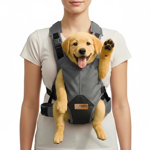Xigwig Pet Carrier Backpack Adjustable Front Pack Breathable Head-Out Backpack with Wide Straps Shoulder Pads and Hip Belt Support Carrier Backpack Travel Bag, for Puppy, Cat, Dog (Grey, T M)