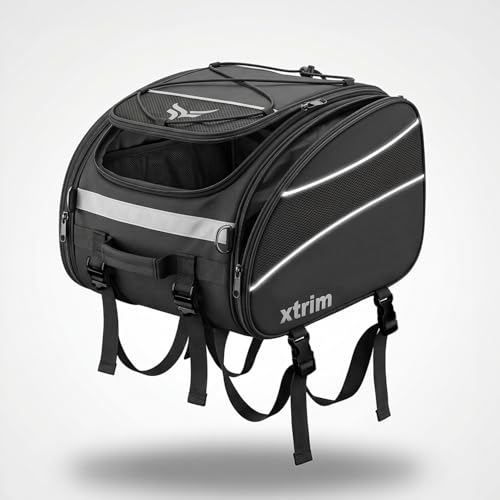 XTRIM 35L Motorcycle Tail Bag for All Bikes, Waterproof Polyester, Bike Luggage Bag with Rain & Dust Cover, Reflective Strips, Multiple Storage Pockets, 4-Point Mount Travel Bag for Riding & Touring