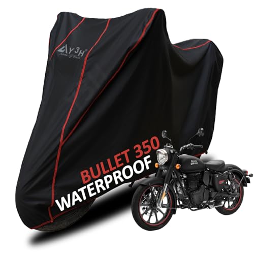 Y3H - Bike Body Cover Compatible with Bullet 350 Cc Full Body Cover with Waterproof, Dust Proof, UV Rays Protective, Tripple Stitching & Lightweight Two Wheeler Covers - Black, Red Piping