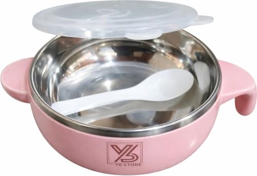 YB STORE Baby Stainless Steel 1 Bowl with 1 Spoon Set for Children,Baby Feeding Bowl,Stay Warm Bowl,BPA Free,Pink