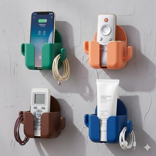 YBN 4pc Wall Mount Self-Adhesive Wall Storage Mobile Holder | Mobile Phone Charging Bracket | Multipurpose Organizer Wall Mount Holder for Remotes,Phone (Multicolour)