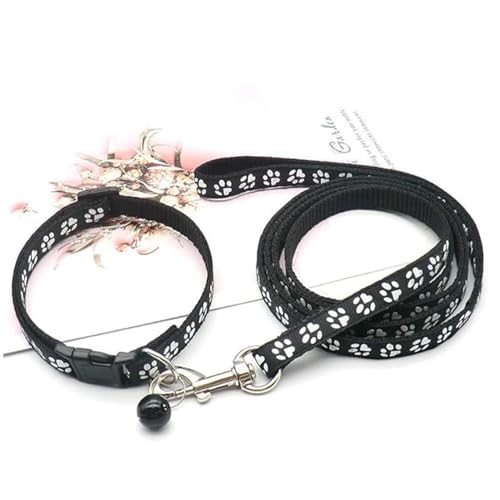 YellowCult Dog/Cat Collar Leash Set with Adjustable Soft Nylon Paw Print Pet Collar for Cats, Puppies, Small Dogs, Fat Rabbits Walking Training, Bell & Quick Release Buckle Safety Lock -[Black]