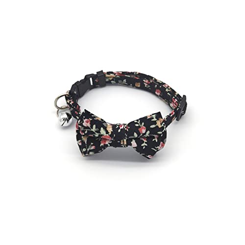 YellowCult Fancy & Comfortable Pet Collars for Cats, Puppies, Small Dogs, Fat Rabbits with Adjustable Size, Bell & Buckle Safety Lock-[Floral Bow] - [Black]