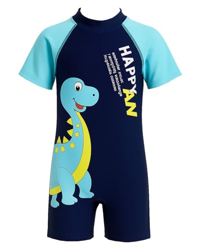 YUPPIN Kids Swimwear for Boys & Girls – Cartoon Print One-Piece Swimsuit with Short Sleeves | UV Protection Bathing Suit for Pool & Beach (in, Age, 2 Years, 4 Years, Regular, Blue)