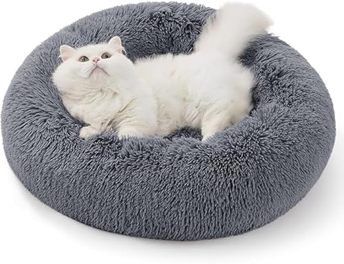 ZEXSAZONE Round Donut Pet Bed for Cats and Puppies Dogs, Cozy and Plush, Raised Bedside Support, Both Sides Use Like 2 in One, Washable, Sizes for Small, Medium, and Large Pets. (Grey, Small)