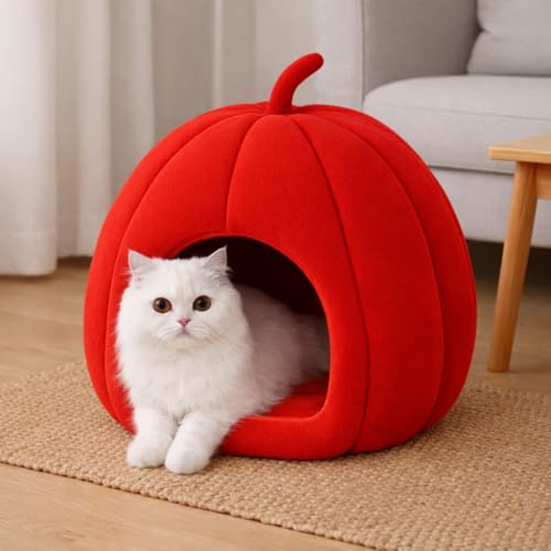 Zexsazone Summer Cat House, Portable Cat Bed with Removable Cushion, 2-in-1 Washable Cozy Puppy Bed Hut Cat Cave, Foldable Warm for Pets Puppy Kitten Rabbit (Red, Shape - Pumpkin)