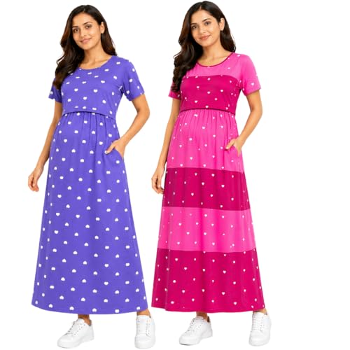 Zipless Maternity Feeding Dress Combo Pack of 2 | Zipless Nursing Dress for Women | Soft Cotton Lounge & Outdoor Wear | Pregnancy & Feeding Friendly Maxi Dress with Pockets (IN, Alpha, 2XL)