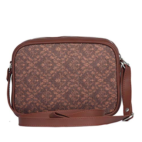 ZOUK Sling Bag for women - Handmade Bags for Females - Vegan Leather and Indian Fabric Slings - Side Bags for Mobile Phones and Wallets - Brown Floral Motif